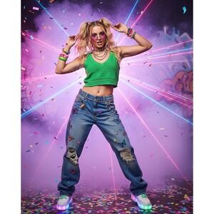 Scoop Top Women L Green Knit Crochet Cropped Tank Stretch Boho Festival Layering